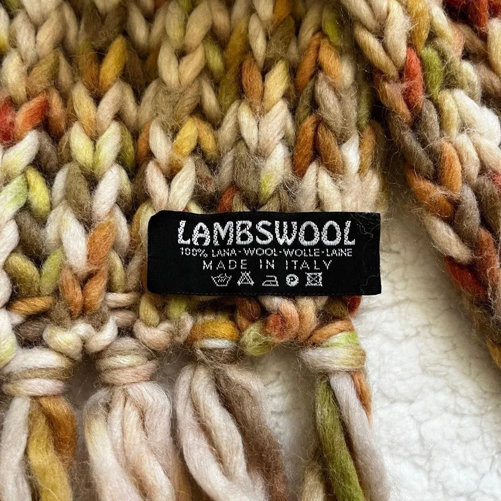 Italian Lambswool Blend Knit Scarf Brown Green Multicolor Fringe Cozy Winter